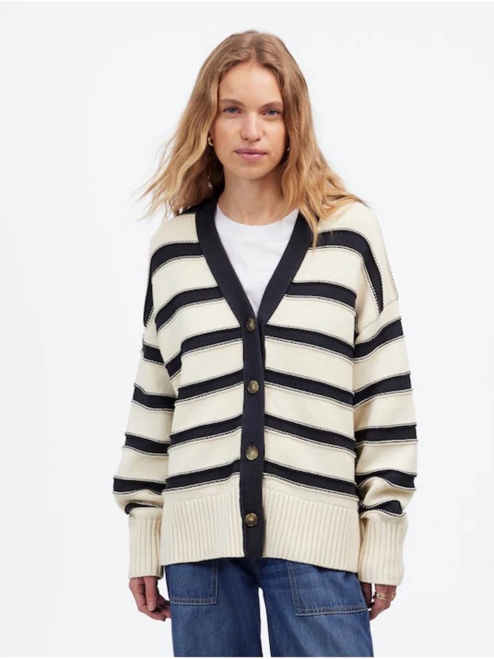 Striped Cream and Black V-Neck Button Cardigan Sweater S